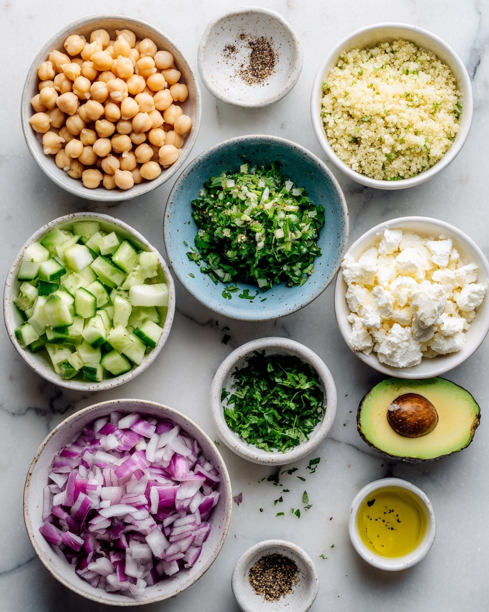 The image shows several small white bowls arranged on a white marbled surface, each filled with different colorful ingredients. Starting from the top left, there are light beige chickpeas with a smooth round shape, next to pale yellow quinoa with a fluffy texture. Below them, bright green chopped cucumber pieces sit in another white bowl. In the center, there is a small blue bowl filled with finely chopped dark green herbs. To the right, a white bowl contains crumbly white cheese. Below, there are small piles of ground black pepper and a small amount of golden yellow olive oil in separate white bowls. In front of those, an avocado half with a visible seed rests next to a small white bowl with chopped green herbs. On the bottom left, there is a white bowl filled with chopped purple and white red onions. The overall composition is clean and colorful with a fresh look. Photo taken with an iphone --ar 4:5 --v 7