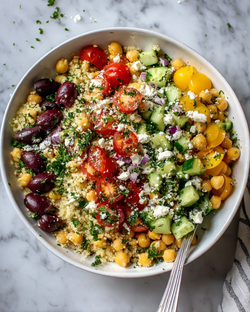 This image shows a white bowl filled with a colorful salad placed on a white marbled surface. The salad has multiple layers: the base is light, fluffy couscous mixed with juicy yellow chickpeas scattered throughout. On top, there are bright red halved cherry tomatoes and dark purple olives. Fresh green herbs and chopped cucumber pieces are mixed in, adding more color and texture. Small white crumbly cheese pieces are sprinkled over the salad, giving a creamy contrast to the vibrant vegetables. The mix looks fresh and inviting with a variety of textures and colors. photo taken with an iphone --ar 4:5 --v 7