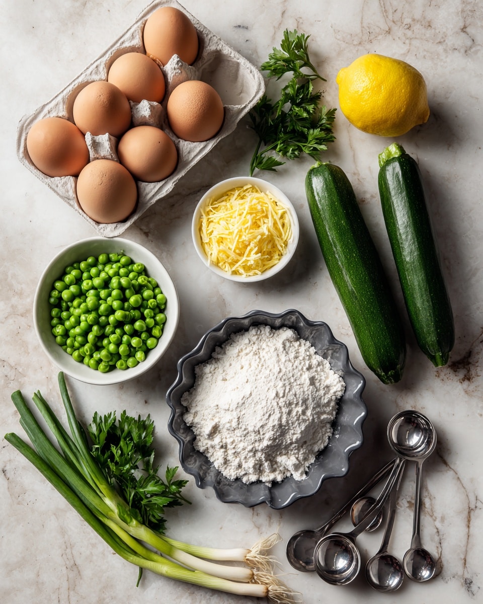 The image shows a white marbled surface with cooking ingredients neatly arranged on it. There are six brown eggs placed in a carton near the top center. Below and to the left, a white small bowl holds bright green frozen peas. Next to the peas, a small white bowl is filled with grated yellow cheese. In the middle, a dark grey fluted dish contains a heap of white flour. To the right, two shiny green zucchinis lie side by side. Above the zucchinis, a single bright yellow lemon is placed. On the left edge, three fresh green onions with white bulbs and roots are laid out. Fresh parsley with dark green leaves rests near the lemon. At the bottom, four metal measuring spoons are spread out. The photo taken with an iphone --ar 4:5 --v 7