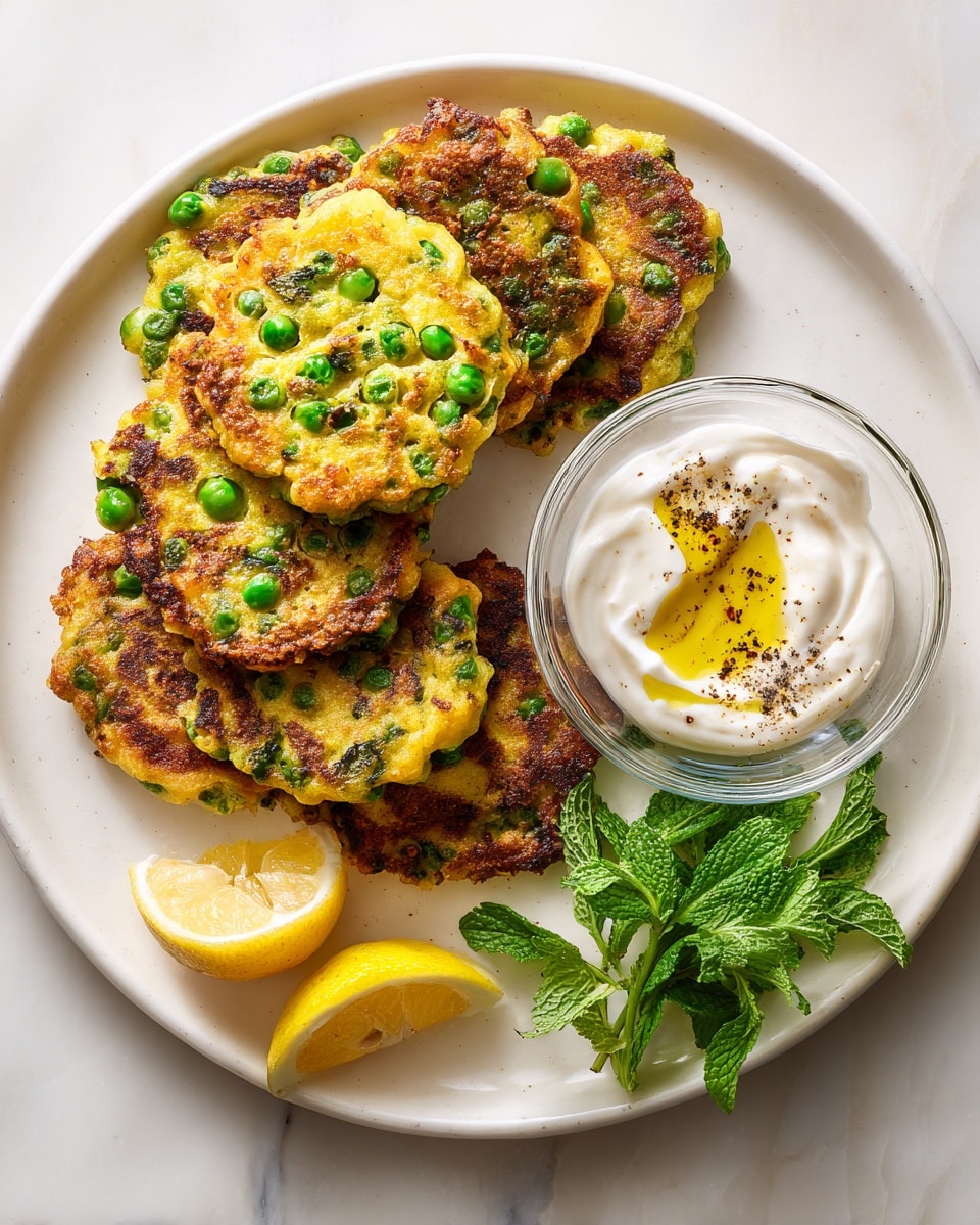 The image shows a white round plate on a white marbled surface holding six golden-brown and green fritters stacked in a loose pile on one side. Each fritter is crispy with green peas embedded in the yellow batter, giving a textured look. Next to the fritters, there is a small clear glass bowl filled with white creamy sauce drizzled with yellow olive oil and sprinkled with black pepper. Below the bowl, there are two lemon wedges with pale yellow flesh and a small bunch of fresh green mint leaves. photo taken with an iphone --ar 4:5 --v 7