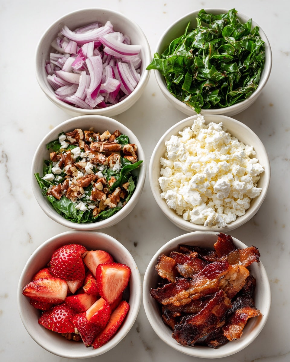 The image shows six small white bowls arranged on a white marbled surface. One bowl contains green leafy herbs with a fresh texture, another has thinly sliced red onions with a slightly translucent look. There is a bowl filled with crumbled white cheese, a bowl with small red sliced strawberries, one with brown toasted nuts, and the last bowl holds small pieces of cooked bacon that look crispy. The bowls are viewed from above, each showing bright, fresh colors and different textures. photo taken with an iphone --ar 4:5 --v 7