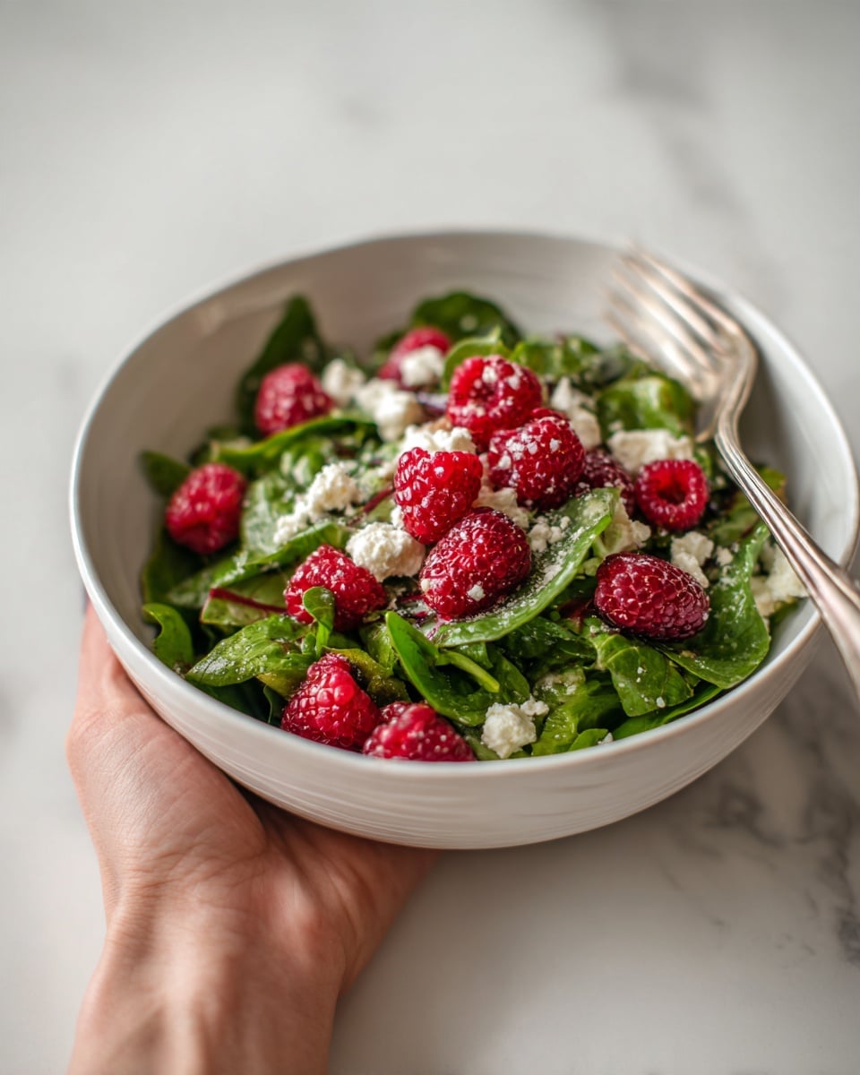 A white bowl filled with a fresh green salad, layered with bright red raspberries scattered on top. There are soft white crumbles of cheese spread unevenly over the salad. The salad leaves are crisp and curly, giving texture under the berries and cheese. The bowl sits on a white marbled surface, and a woman's hand is gently holding the side of the bowl. photo taken with an iphone --ar 4:5 --v 7