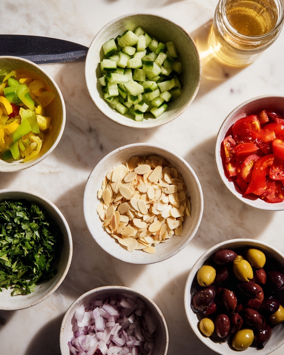 Seven small white bowls are arranged in a rough circle on a white marbled surface. Each bowl holds a different ingredient: green chopped cucumbers, pale light yellow sliced almonds, bright red chopped tomatoes, dark green chopped herbs, thin pale purple onion slices, shiny dark brown olives, and yellow bell pepper strips. To the side on the surface there is a large knife with a black handle and a tall glass jar filled with a pale golden liquid, likely dressing. A woman's hand is holding one small bowl with pale sliced almonds in the top center of the image. The lighting is soft and natural, making the colors of the fresh ingredients stand out. photo taken with an iphone --ar 4:5 --v 7