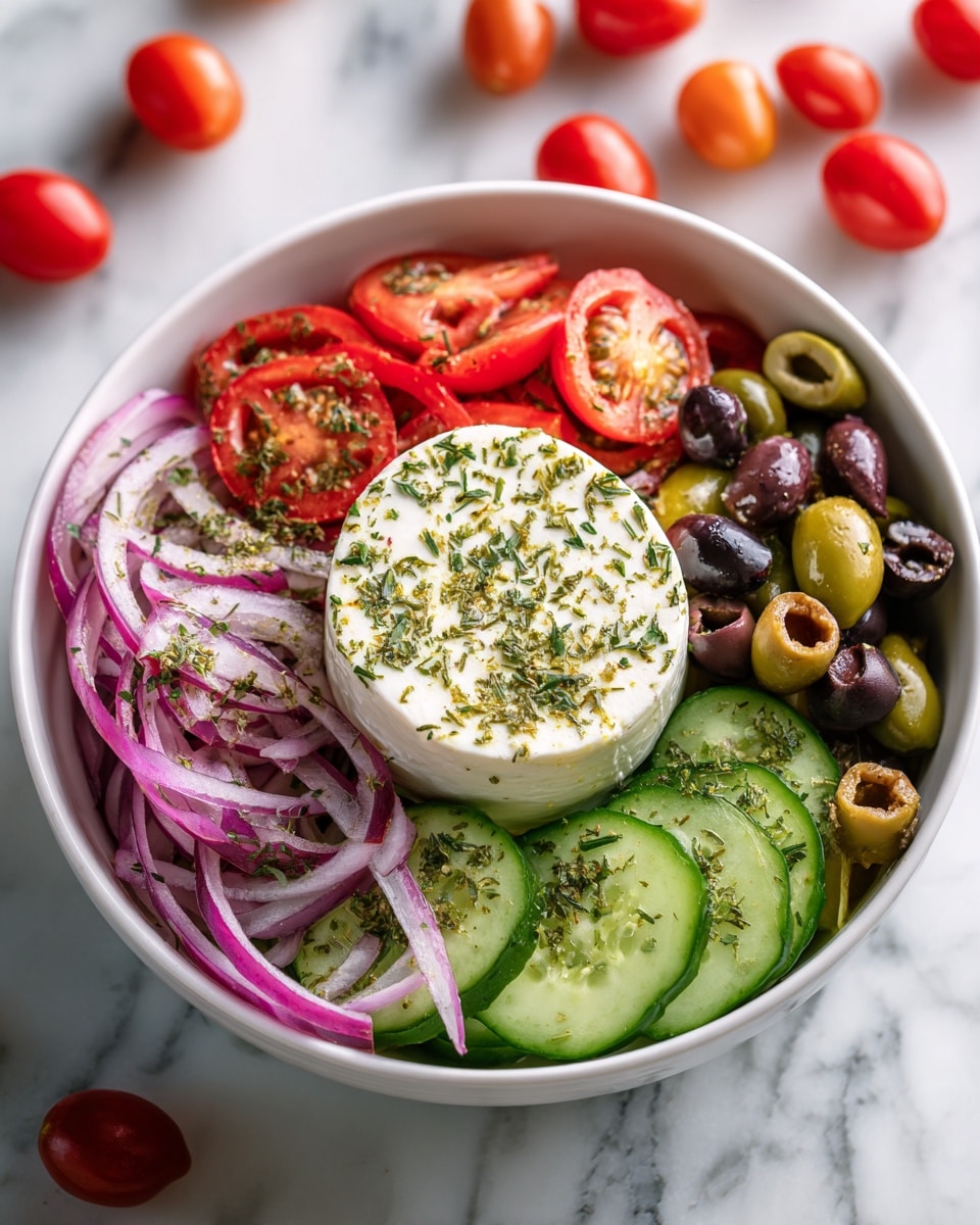 A white shallow bowl filled with a colorful fresh salad featuring three main layers: the bottom layer has thick, half-moon slices of green cucumber with dark green skin; the middle layer consists of halved bright red cherry tomatoes, some with juicy seeds visible, along with sliced red onion rings showing their light purple and white hues; the top layer includes whole black olives and diced green bell peppers with smooth shiny surfaces. At the center, there is a thick, round white cheese disk sprinkled evenly with dried green herbs. The bowl is placed on a white marbled surface with extra cherry tomatoes scattered around. Photo taken with an iphone --ar 4:5 --v 7