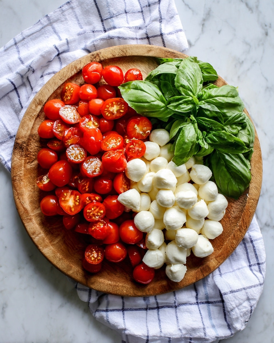 This image shows a round wooden board on a white marbled surface with a white and blue checkered cloth beneath it. On the board, there are three groups of ingredients: bright red cherry tomatoes that are cut in halves piled on the left side, small white mozzarella cheese balls clustered at the bottom, and a bunch of fresh green basil leaves placed on the right side. The colors are vibrant and the textures are fresh and smooth. photo taken with an iphone --ar 4:5 --v 7