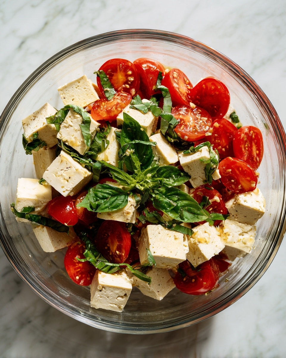A clear glass bowl filled with a fresh salad made of three main layers: the bottom layer has light beige tofu cubes, the middle layer is bright red cherry tomatoes cut in halves, and the top layer is made up of whole and torn green basil leaves scattered unevenly on top. The salad pieces have a light shine as if drizzled with dressing, all resting on a white marbled surface. photo taken with an iphone --ar 4:5 --v 7