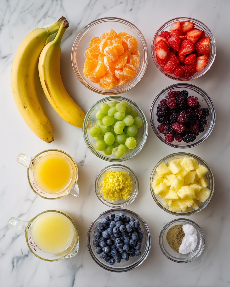 The image shows a top-down view of various fresh fruits and ingredients arranged neatly on a white marbled surface. There are eight clear glass bowls and two glass measuring cups, each containing different items: sliced red strawberries, peeled orange segments, green grapes, blueberries, pineapple chunks, sliced green kiwi, orange zest, lemon zest, vanilla extract, and brown sugar. The two measuring cups hold orange juice and a light yellow liquid. To the left, there are three whole yellow bananas placed close together on the white marbled surface. All items are arranged in a grid-like pattern with bright natural lighting and soft shadows. Photo taken with an iphone --ar 4:5 --v 7