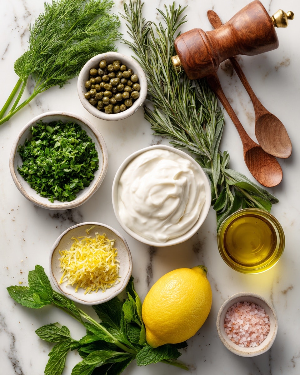 The image shows a white marble surface with small white bowls and herbs arranged neatly. There is a small bowl of green capers, a bowl of chopped green chives, a bowl with yellow lemon zest, a bowl of coarse pink salt, and a bottle of golden olive oil. Fresh green herbs such as parsley, mint, rosemary, dill, and tarragon lie loosely spread on the surface. A wooden pepper grinder stands near the top, and a wooden spoon is inside a bowl of white sauce or cream that looks smooth and thick. A bright yellow lemon is placed toward the center. photo taken with an iphone --ar 4:5 --v 7
