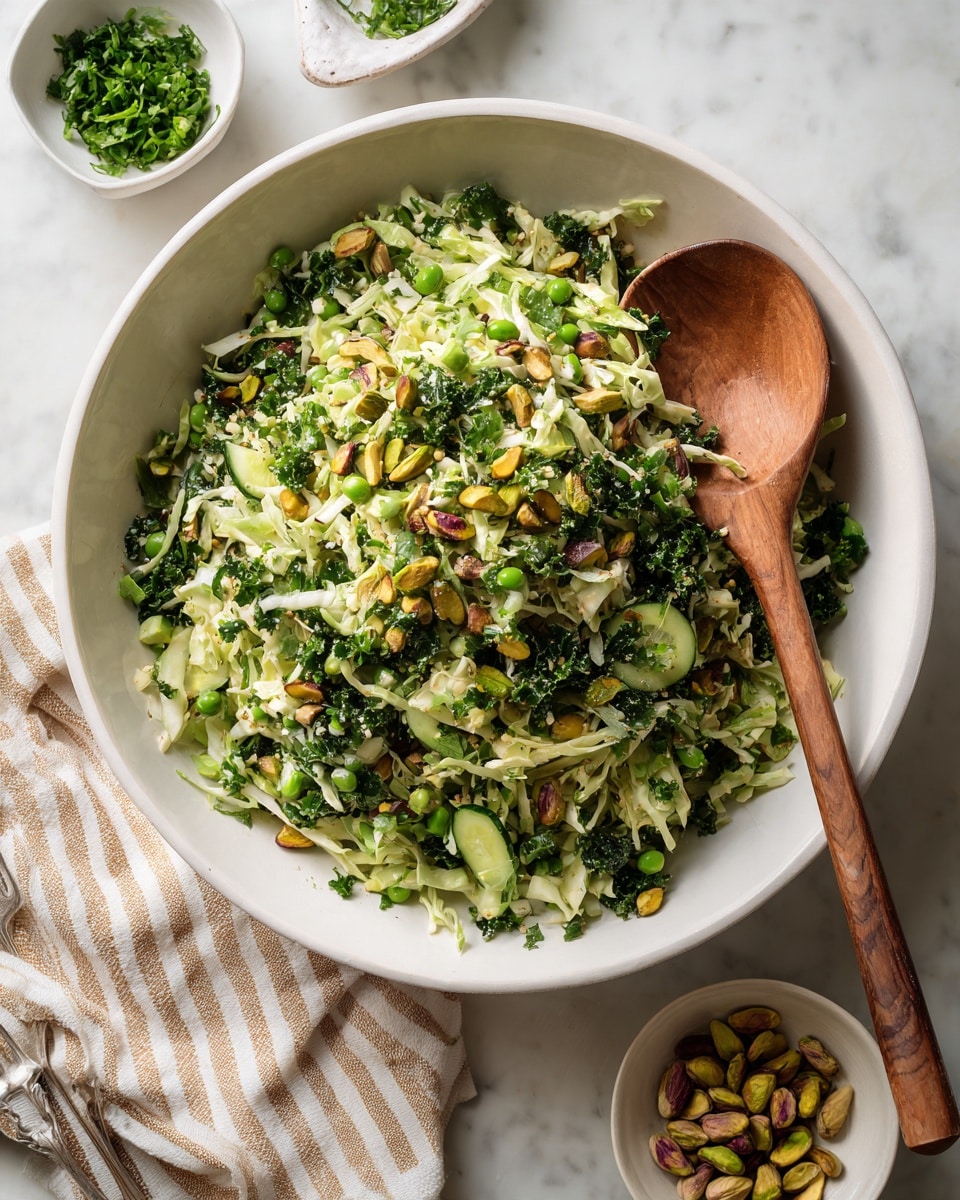 A large white bowl filled with a fresh green salad showing several layers: the base has light green shredded cabbage mixed with darker green curly kale pieces, finely chopped cucumber cubes, and green peas scattered evenly. Small green herb leaves and thin green chive slices spread throughout add texture. Roasted pistachio nuts with reddish-brown shells are sprinkled on top, giving contrast. A wooden spoon rests in the bowl, partially inserted into the salad. The bowl sits on a white marbled surface with a small white dish of green chopped herbs and a small white bowl of pistachios nearby. A striped beige and white cloth is partially visible at the bottom left corner. Photo taken with an iphone --ar 4:5 --v 7