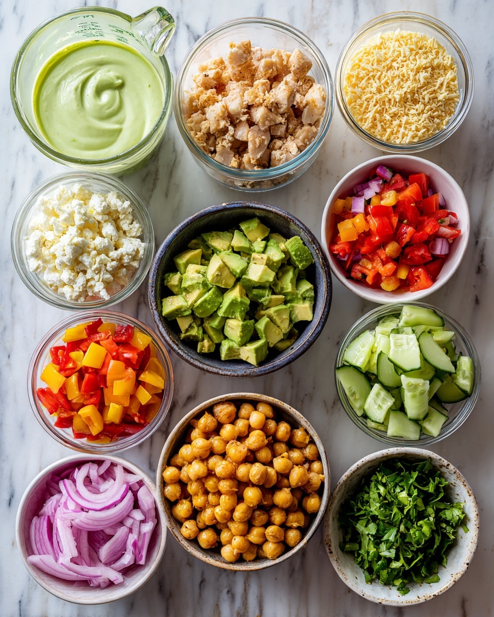 Several small bowls arranged on a white marbled surface hold colorful food ingredients. The top row from left has a glass measuring cup with a smooth light green creamy sauce, and a large clear bowl filled with small pale yellow round grains. Below are bowls filled with white crumbly cheese, light tan cooked cubed chicken, and chopped green onions. In the next row, there are green avocado chunks in a dark bowl, bright orange and red diced bell peppers in a light bowl, and chopped fresh cucumber pieces in another white bowl. The bottom row features pink pickled onions in a small white bowl, a large bowl full of golden chickpeas, and leafy green chopped fresh herbs in another white bowl. photo taken with an iphone --ar 4:5 --v 7