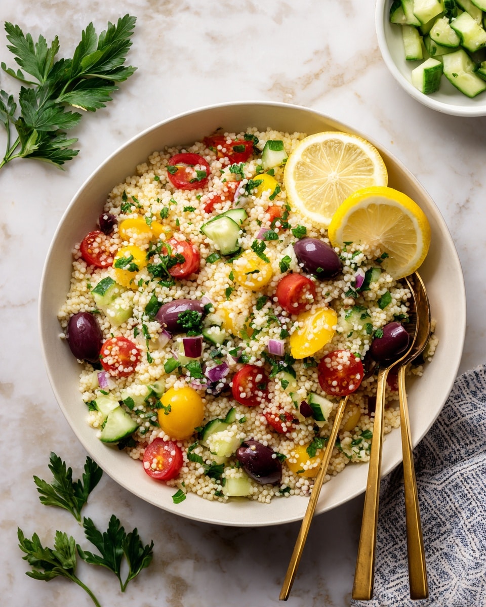 A white bowl sits on a white marbled surface, filled with a colorful couscous salad. The bottom layer is small, round pearl couscous in a pale cream color. Mixed within and on top are chopped bright red and yellow cherry tomatoes, small cubes of green cucumber, dark purple sliced olives, and specks of fresh green herbs scattered across. Two lemon slices rest on the top right edge of the bowl. On each side of the bowl, there are two gold spoons partially buried in the salad. The setting is casual with some parsley leaves and a small white bowl with diced cucumber in the background. photo taken with an iphone --ar 4:5 --v 7