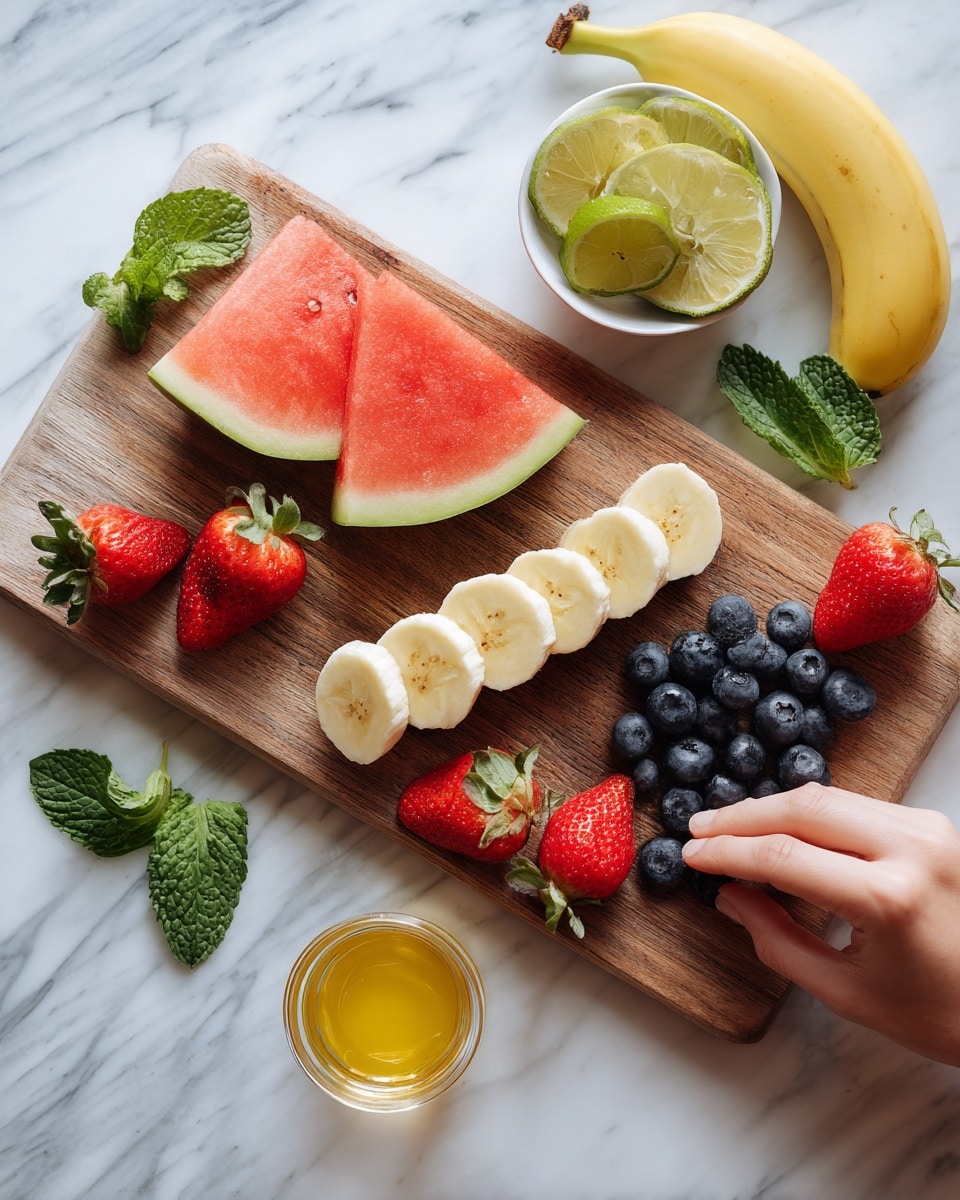 The image shows a wooden board on a white marbled surface with a colorful fruit arrangement. On the board, there are two whole bananas at the top, and below them, a peeled banana sliced into round pieces arranged in a line. To the left and right sides of the board, there are two triangular slices of watermelon with red flesh and green rind. Near the sliced banana, there are fresh strawberries and blueberries scattered around. To the right of the board, there is a white bowl with stacked lemon slices, a whole lime, and a small transparent cup of honey placed on the white marbled background. A woman's hand is reaching towards the bowl, and some mint leaves are also visible on the surface. Photo taken with an iphone --ar 4:5 --v 7