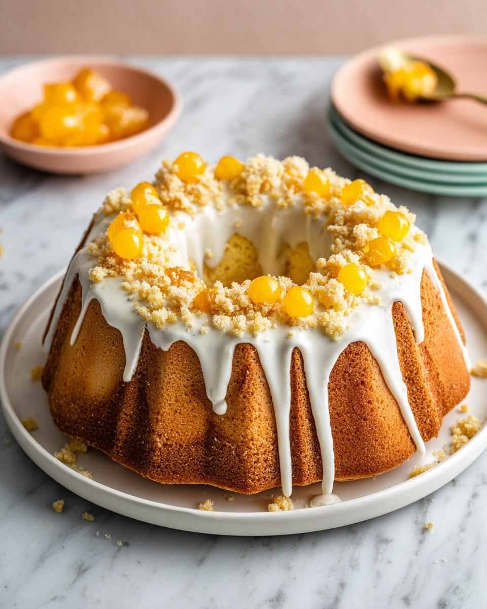 A round bundt cake with a golden brown color sits on a white plate. It has thick white icing drizzled over the top, flowing down the sides in uneven streams. On top of the icing, there are small yellow fruit pieces arranged in a ring around the center hole of the cake. Small crumbly pieces are sprinkled over the icing and fruit, adding texture. The cake rests on a white marbled surface with a small peach-colored plate and spoon holding more fruit pieces visible in the background. Photo taken with an iphone --ar 4:5 --v 7