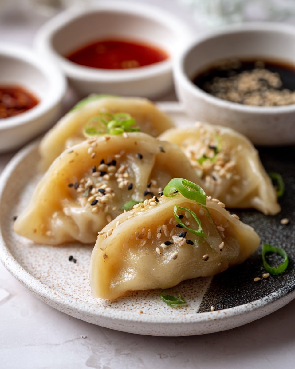 The image shows three dumplings with a light orange, thin, slightly shiny skin covered in some sesame seeds and small pieces of green onion on top. The dumplings are placed on a white plate with a dark textured base, scattered with sesame seeds. In the background, there are small white bowls filled with reddish and dark sauces. The white marbled surface is visible under the plate, and a woman's hand is not shown but could be imagined holding or near the dumplings. photo taken with an iphone --ar 4:5 --v 7