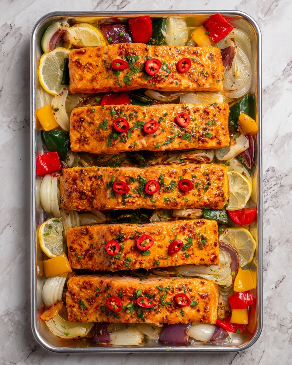 The image shows four large salmon fillets placed in a vertical line on a silver baking tray, each fillet topped with small red chili slices and sprinkled with herbs and spices, giving the fish a textured orange and slightly charred surface. Around the salmon, there are colorful roasted vegetables including chunks of red, yellow, and green bell peppers and white onion pieces that appear soft and slightly browned. Thin lemon slices, some whole and some partially cooked, are scattered between and around the salmon pieces, adding a circular pale yellow contrast against the more vibrant colors. The whole composition rests on a white marbled textured surface. photo taken with an iphone --ar 4:5 --v 7