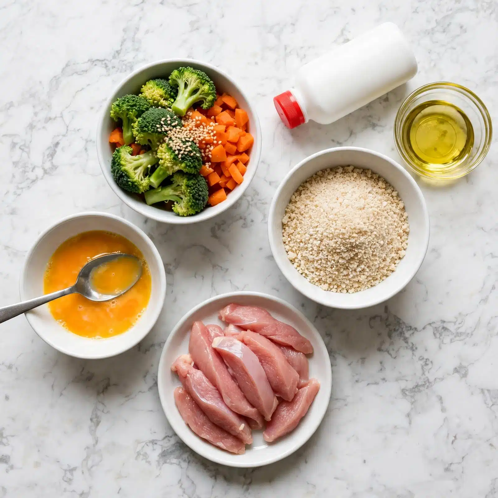 square image The image shows an overhead view of five white dishes on a white marbled surface, arranged in a loose circle. One dish holds raw pink chicken slices, smooth in texture, sitting flat in the center bottom. Another dish contains orange beaten eggs with a silver spoon resting inside on the left side. Near the top left, a bowl is filled with bright green broccoli and orange carrot pieces, with a small amount of sesame seeds sprinkled on top. Next to it, on the right, is a white bowl filled with fine beige breadcrumbs, textured and loose. Above the breadcrumbs, there is a white bottle with a red cap lying horizontally, and a small clear bowl with light yellow oil sits near the top right. photo taken with an iphone --ar 4:5 --v 7