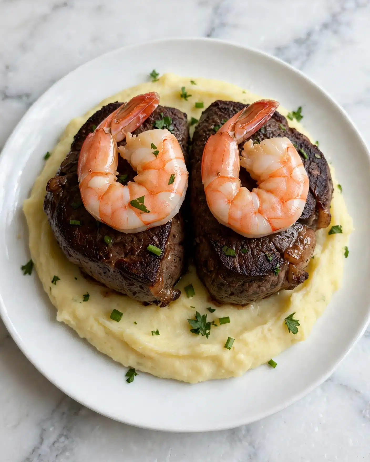 square image The dish shows two thick, dark brown meat pieces placed on a bed of creamy, pale yellow mashed potatoes with a soft and smooth texture. On top of the meat pieces, there are two large pink shrimp with a slight shine, arranged neatly. Small green herb pieces are scattered over the shrimp, meat, and mashed potatoes for decoration. The food is served on a white plate set on a white marbled surface. The photo taken with an iphone --ar 4:5 --v 7