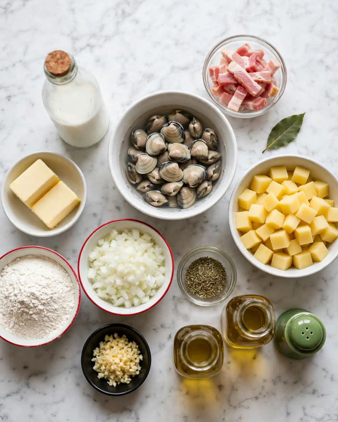 square image The image shows different ingredients arranged on a white marbled surface. In the center, there is a white bowl filled with small clams in water. To the right, a white bowl holds yellow potato cubes. Above it, there is a small clear bowl with raw pink bacon pieces. To the left of the clams, there is a glass bottle with a white liquid, and near it, a small white bowl contains two blocks of pale yellow butter. Below, on the left, a white bowl with a red rim is filled with white flour, next to it another white bowl with a red rim contains chopped white onions. Below these, a small black bowl holds minced garlic. Toward the bottom right, two glass containers hold light amber liquids, with a green ceramic salt shaker near them. A green bay leaf is placed near the potatoes, and a small clear bowl with dried herbs is between the onions and salt shaker. The arrangement is neat and the colors are soft and natural. photo taken with an iphone --ar 4:5 --v 7