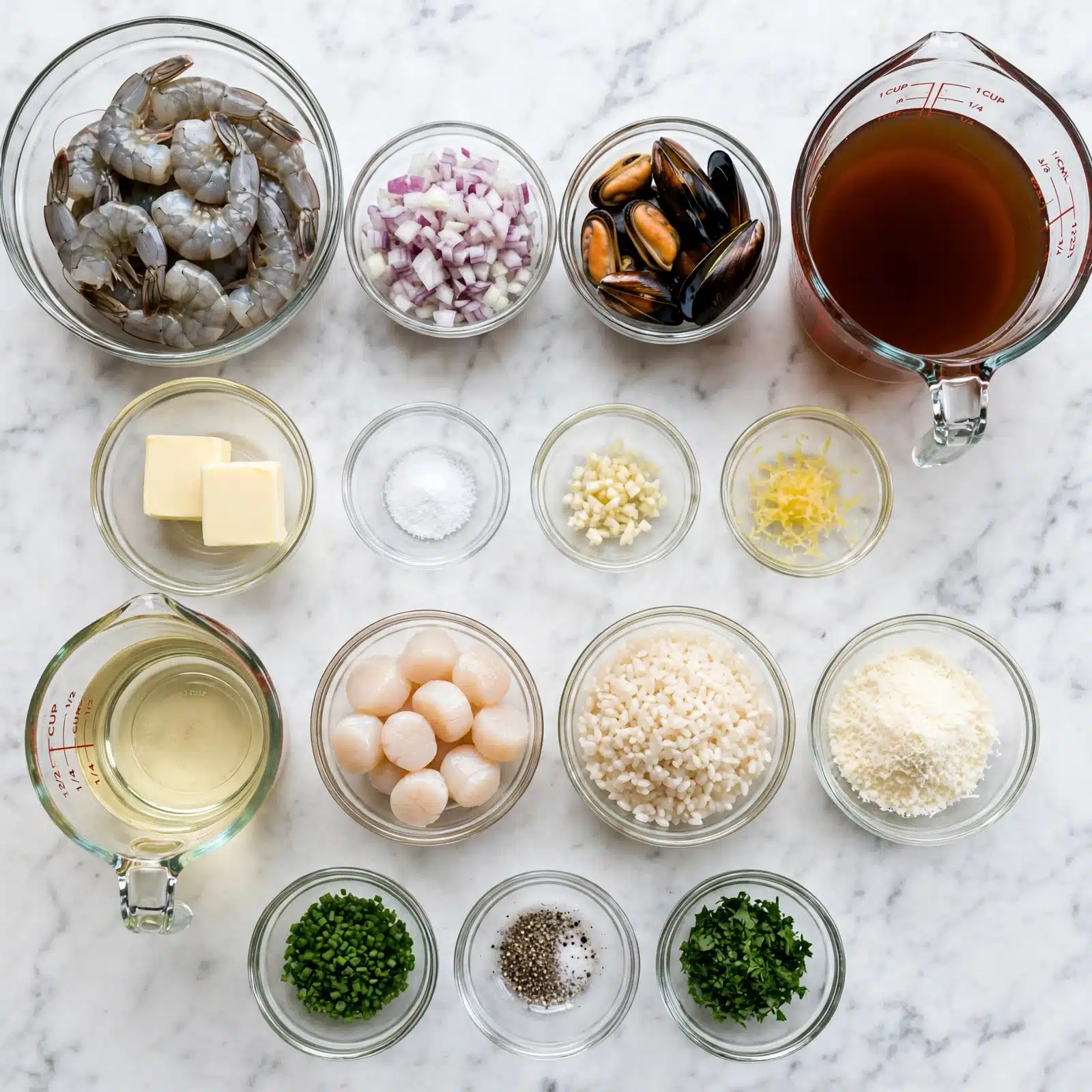 square image The image shows a top view of various cooking ingredients neatly arranged on a white marbled surface. There are three rows of clear glass bowls and measuring cups. On the top left, a large clear glass bowl holds raw shrimp with grayish shells and curled tails. Next to it to the right, a smaller glass bowl contains finely chopped onions, pale purple and white. To the right of the onions, another glass bowl holds orange and black mussels. At the far right in a large glass measuring cup is a deep amber-brown liquid broth. Below, in the middle row, there is a small glass bowl with two light yellow butter squares, a tiny bowl with white salt, and another tiny bowl with finely chopped white garlic. The bottom row features a small glass bowl with pale yellow lemon zest, a small bowl with finely chopped green chives, a bowl with a mix of black pepper and salt, and a bowl with chopped green parsley. On the lower left, a medium glass measuring cup holds a clear, pale liquid that looks like white wine. Next to it, a small glass bowl contains small, round scallops in a creamy white color. In the center right, a glass bowl is filled with off-white risotto rice grains, and at the bottom right, a small bowl holds finely grated white cheese. All items are arranged neatly in symmetric lines photo taken with an iphone --ar 4:5 --v 7