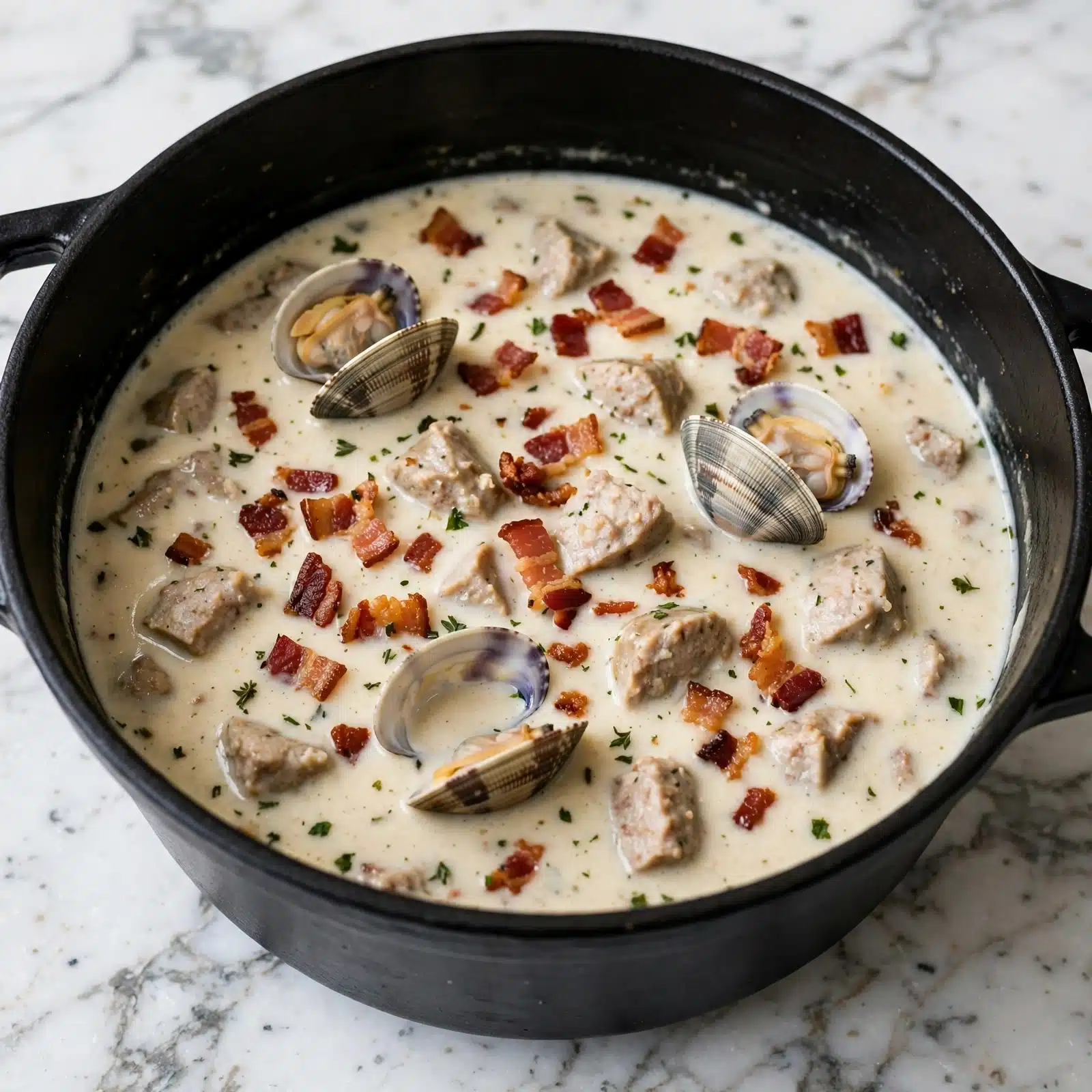 square image This is a close-up of a creamy soup in a black pot placed on a white marbled surface. The soup has multiple layers: a light beige creamy base fills most of the pot, topped with small pieces of crispy reddish-brown bacon scattered evenly across the surface, along with light beige chunks of sausage mixed throughout. There are also several small clams in their shells, which are light grey with dark stripes, sitting on top of the soup. Tiny green herb bits are sprinkled lightly over everything, adding a fresh color contrast. Photo taken with an iphone --ar 4:5 --v 7