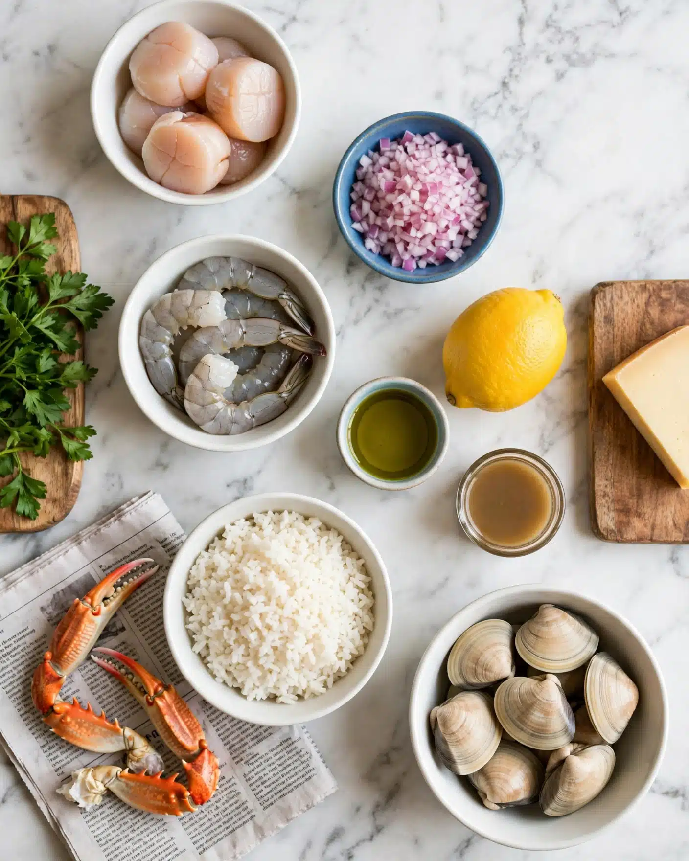 square image The image shows various cooking ingredients arranged neatly on a white marbled surface. There are raw seafood pieces including pinkish scallops in a white bowl at the top left, grey shrimp with tails in a white bowl below the scallops, and a white bowl with beige clams at the bottom right. A white bowl of white rice grains sits near the center bottom. To the bottom left, two orange crab claws with some white parts rest on a newspaper. Bright green parsley is placed on the left side on a small wooden board. A lemon with a bright yellow peel is near the center right next to a small cup filled with green olive oil and another container with a light brown liquid. A wedge of light yellow cheese lies on a wooden board on the right edge. Near the top, a small blue bowl holds finely chopped pink onions. photo taken with an iphone --ar 4:5 --v 7