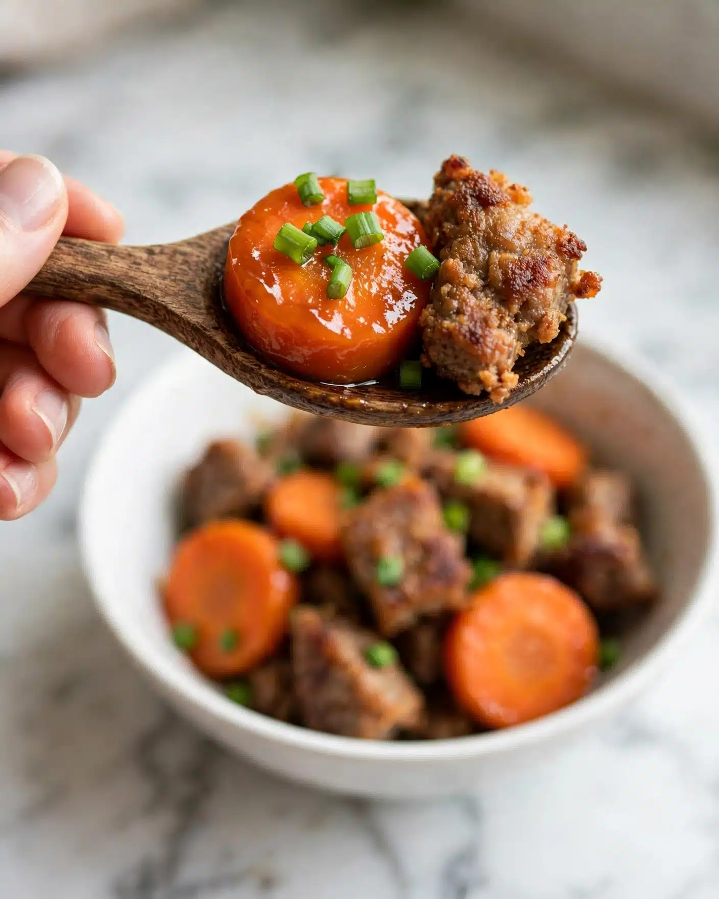 square image A close-up of a wooden spoon held by a woman's hand showing a glossy, cooked carrot slice with a rich orange color, topped with small, fresh green onion pieces, resting together with a piece of browned, crispy meat. Below, a white bowl with more pieces of the same dish is softly blurred, showing orange carrot slices and brown meat chunks mixed with bits of green onions, all set on a white marbled surface. photo taken with an iphone --ar 4:5 --v 7