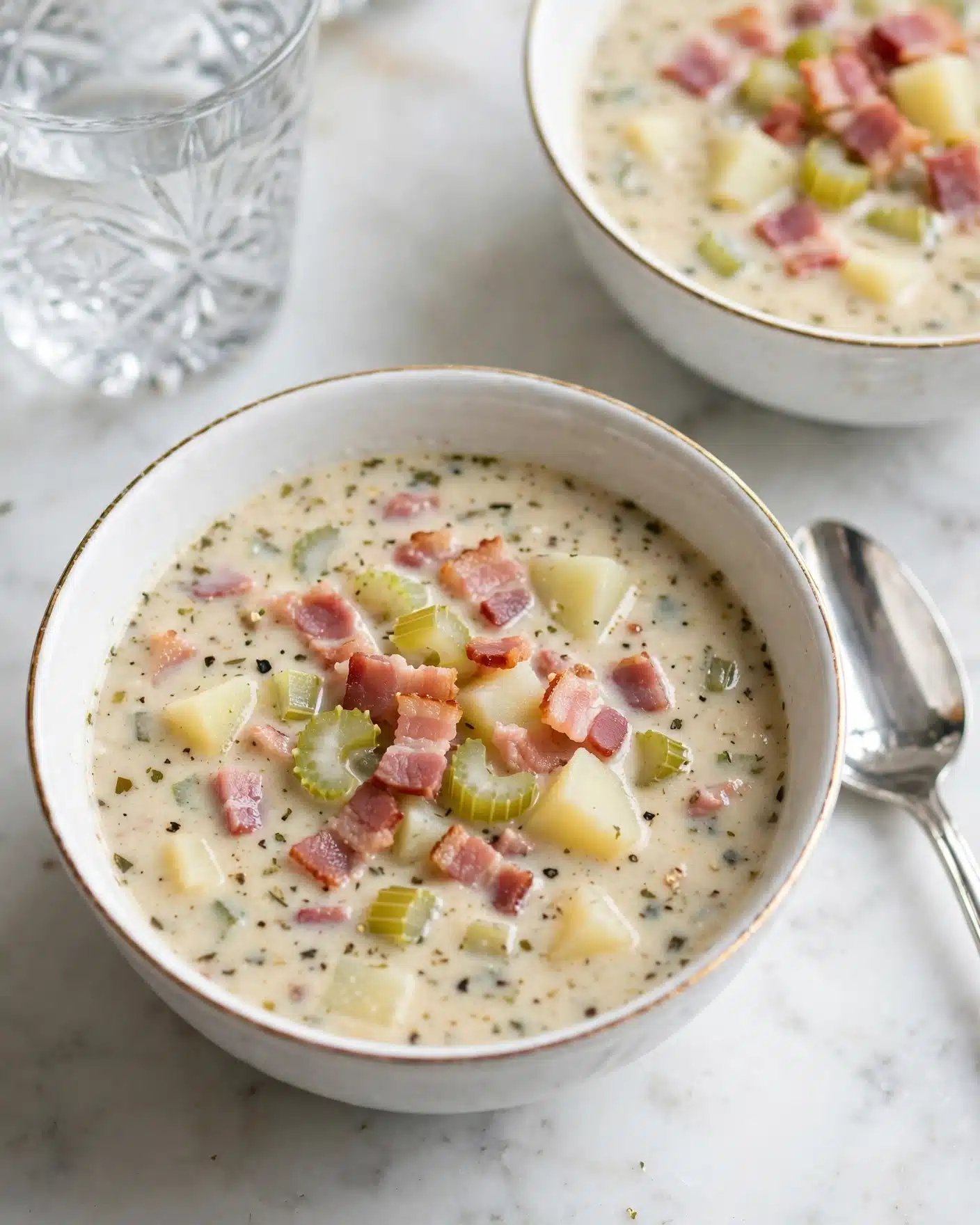square image A white bowl with a thin golden rim is filled with creamy soup that has a light beige base. The soup contains visible pieces of pinkish crispy bacon bits, light green celery, and pale yellow potato chunks, all mixed with specks of green and black herbs sprinkled throughout. The bowl sits on a white marbled surface next to a shiny silver spoon. In the background, there is another similar bowl partially visible, also filled with the same soup. A glass of water with intricate cut patterns is above and to the left on the marble surface. photo taken with an iphone --ar 4:5 --v 7