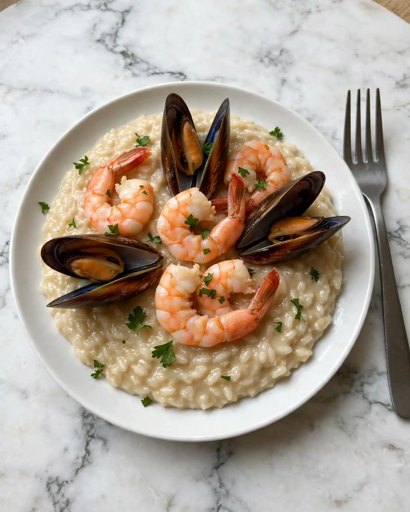 square image A white plate holds a creamy risotto base with a light beige color and soft, slightly shiny texture. On top, there are several cooked shrimp with a pink-orange tone and a few dark brown mussel shells open to show their inside. Small green parsley pieces are sprinkled over the shrimp and risotto, adding a fresh touch. The plate is set on a white marbled surface with a metal fork to the right. photo taken with an iphone --ar 4:5 --v 7