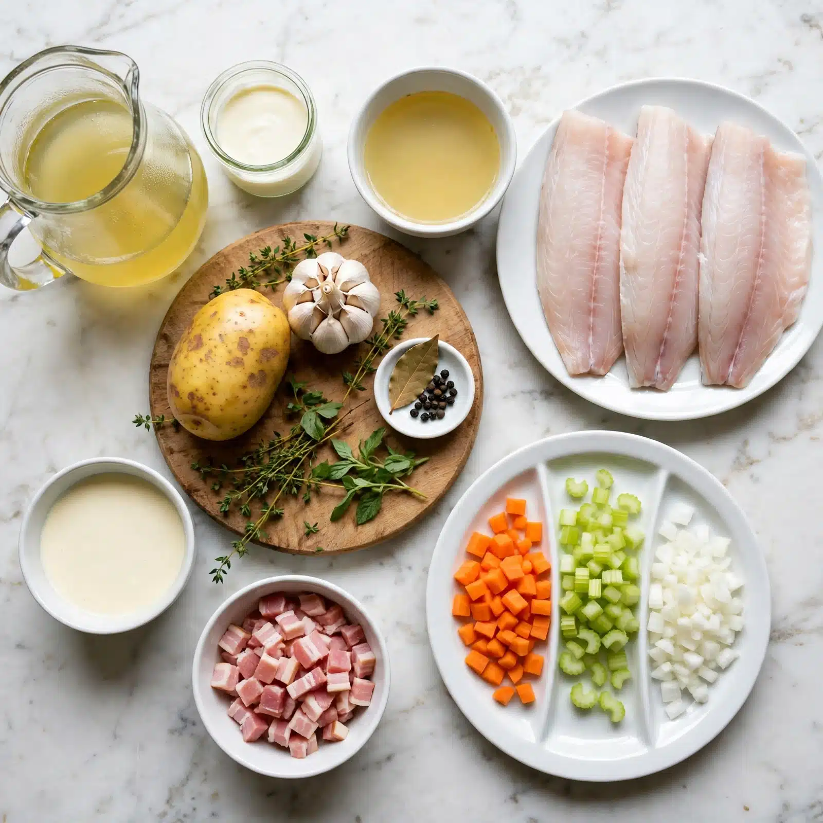 square image A white plate on the right side holds three large pale, raw fish fillets with a soft texture. Next to it, at the bottom right, there is another white plate with three sections: small diced orange carrot pieces on the left, diced light green celery in the middle, and small chopped white onion pieces on the right. Towards the bottom left, a small white bowl contains small pieces of chopped pink bacon. Above it, a small white bowl holds a light cream-colored liquid. In the center left, a round wooden cutting board displays a yellow potato with brown spots, a whole garlic bulb, and green thyme sprigs. On the cutting board’s right side edge, there is a small white dish with a brown bay leaf and some black pepper. Just above the cutting board and to the right, a small white bowl with a light yellow broth or sauce can be seen. To the left of the boards, a clear glass pitcher filled with a slightly yellow liquid and a small clear glass container of white cream are visible. All items are placed on a white marbled surface. Photo taken with an iphone --ar 4:5 --v 7