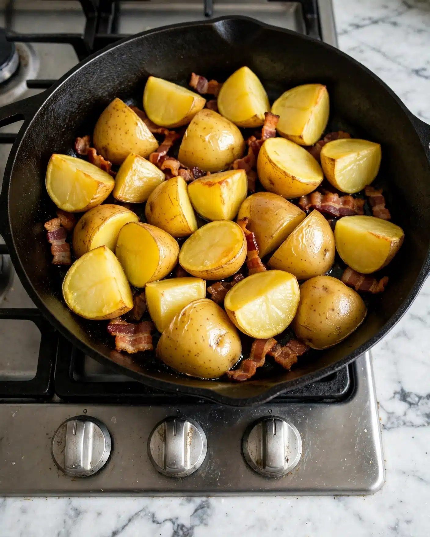 square image A black cast iron pan sits on a stove with a white marbled surface, filled with pieces of golden yellow potatoes and small strips of browned bacon. The potatoes are in various sizes, some quartered and some halved, showing a smooth, slightly shiny skin and soft yellow inside. The bacon pieces are crispy and scattered under and around the potato chunks. The stove knobs are silver and show some wear. Photo taken with an iphone --ar 4:5 --v 7